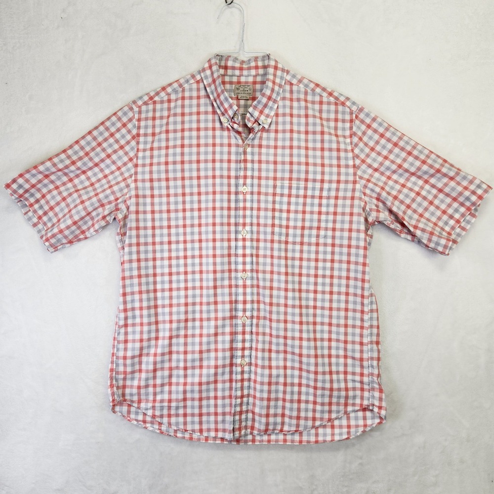 J.Crew Mens Short Sleeve Button Down Shirt Red Blue Gingham Check Cotton Large